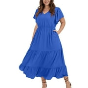Nisorays Plus Size Dresses for Women A Line Maxi Dress Tiered Ruffled long Swing Dress with Pockets Elegant V Neck Flowy Long Dresses Royal Blue 3XL