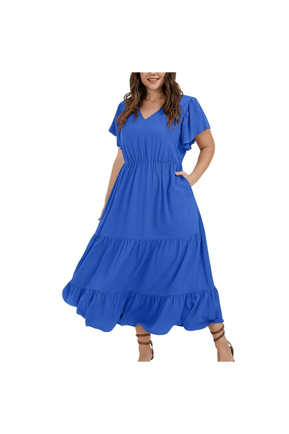 Plus Size Dresses for Women A Line Maxi Dress Tiered Ruffled long Swing Dress with Pockets Elegant V Neck Flowy Long Dresses Royal Blue 4XL