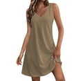 thumbnail image 1 of Nisorays Sundresses for Women Casual Beach 2024 Summer Casual Sleeveless Mini Dresses V Neck Mini Tank Dresses Bohemian Solid Sundress with Pocket Brown 3XL, 1 of 6