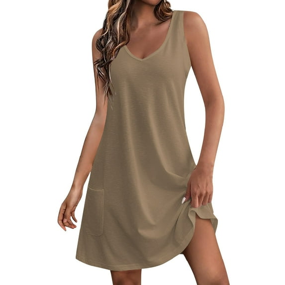 Nisorays Sundresses for Women Casual Beach 2024 Summer Casual Sleeveless Mini Dresses V Neck Mini Tank Dresses Bohemian Solid Sundress with Pocket Brown 3XL