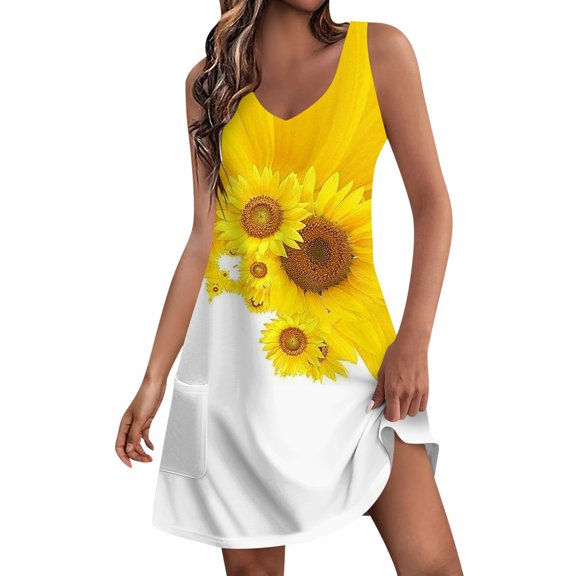Nisorays Sundresses for Women Casual Beach 2024 Summer Casual Sleeveless Mini Dresses V Neck Mini Tank Dresses Bohemian Sunflower Print Sundress with Pocket Fluorescence Yellow XL