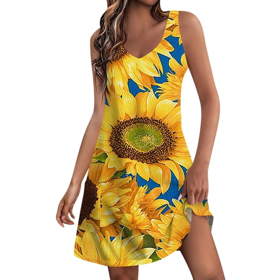 Nisorays Sundresses for Women Casual Beach 2024 Summer Casual Sleeveless Mini Dresses V Neck Mini Tank Dresses Bohemian Sunflower Print Sundress with Pocket Royal Blue XL