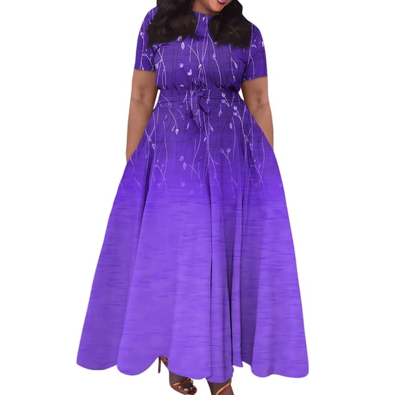 Nisorays Trendy Short Sleeve Maxi Dress Casual Belted Plus Size Dresses Crewneck Long Dress Elegant Floral Print A Line Flowy Party Dress with Pocket Purple 2XL