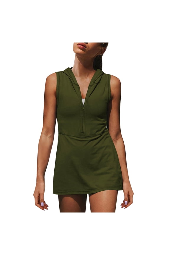 Women Athletic Tennis Dress Sleeveless Half Zip Hooded Workout Mini Dress Solid Short Dress Green M