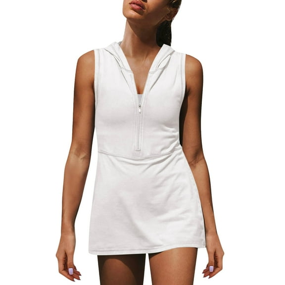Nisorays Women Athletic Tennis Dress Sleeveless Half Zip Hooded Workout Mini Dress Solid Short Dress White M