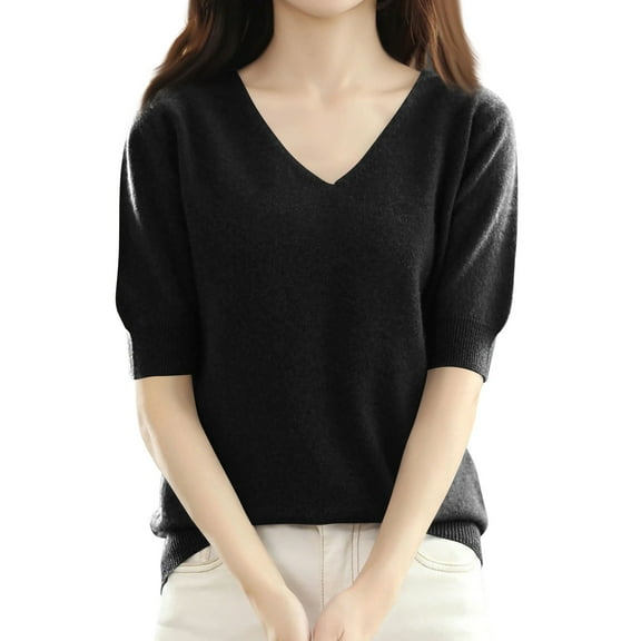 Nisorays Women Short Sleeve Sweater Summer V Neck Dressy Casual Soft Knit Pullover Tops Trendy Black L