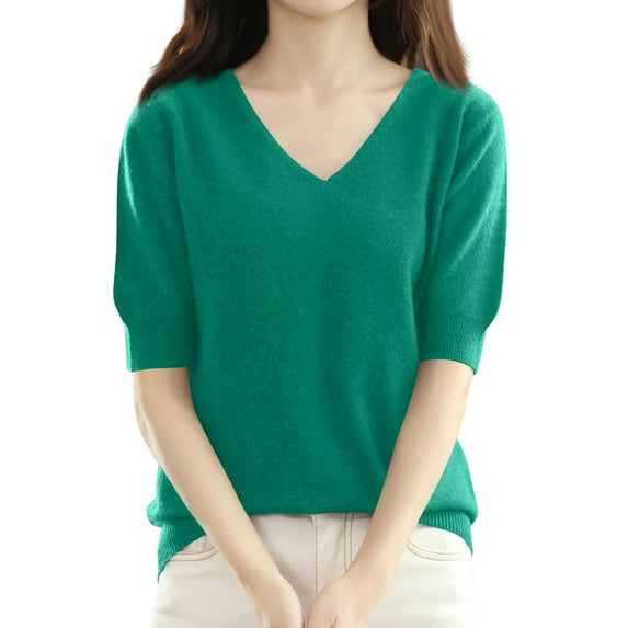 Nisorays Women Short Sleeve Sweater Summer V Neck Dressy Casual Soft Knit Pullover Tops Trendy Green 2XL