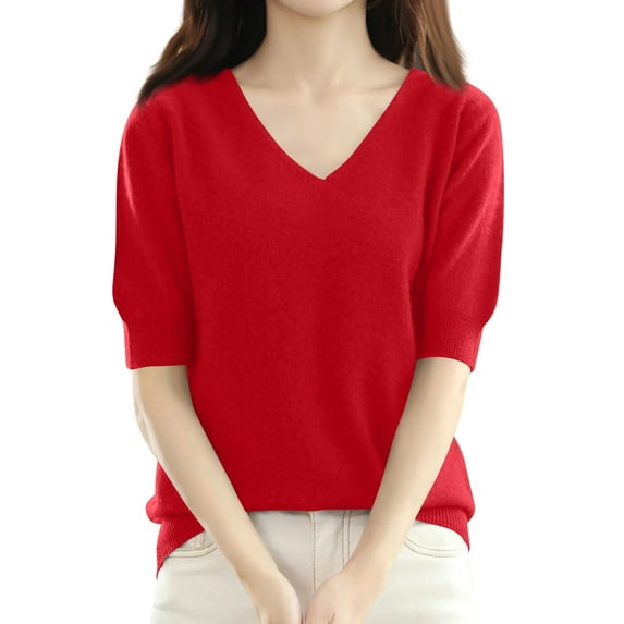 Nisorays Women Short Sleeve Sweater Summer V Neck Dressy Casual Soft Knit Pullover Tops Trendy Red L