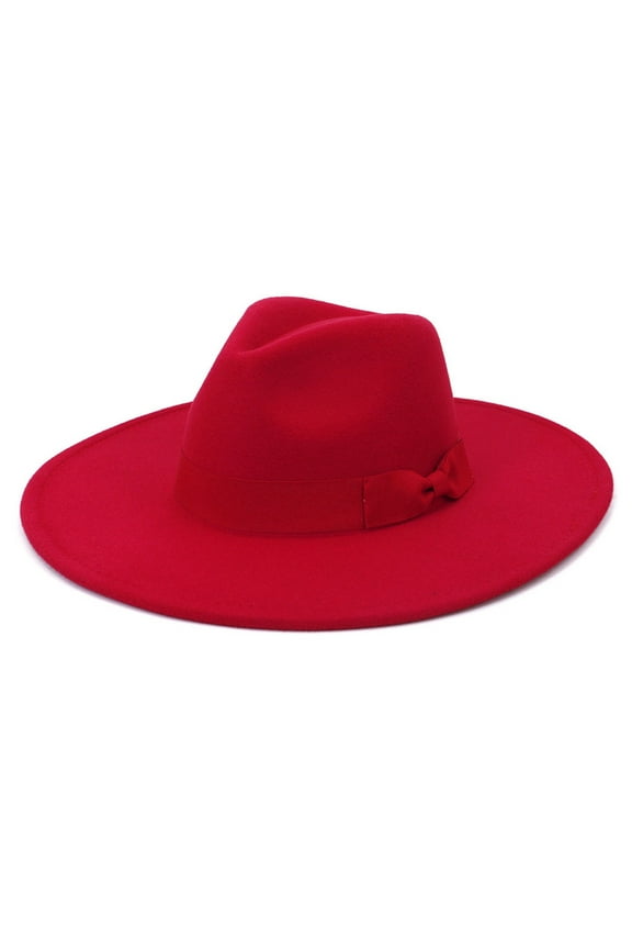 Women and Men Flat Wide Brim Warm Felt Fedora Hat Retro Style Panama Hat Red