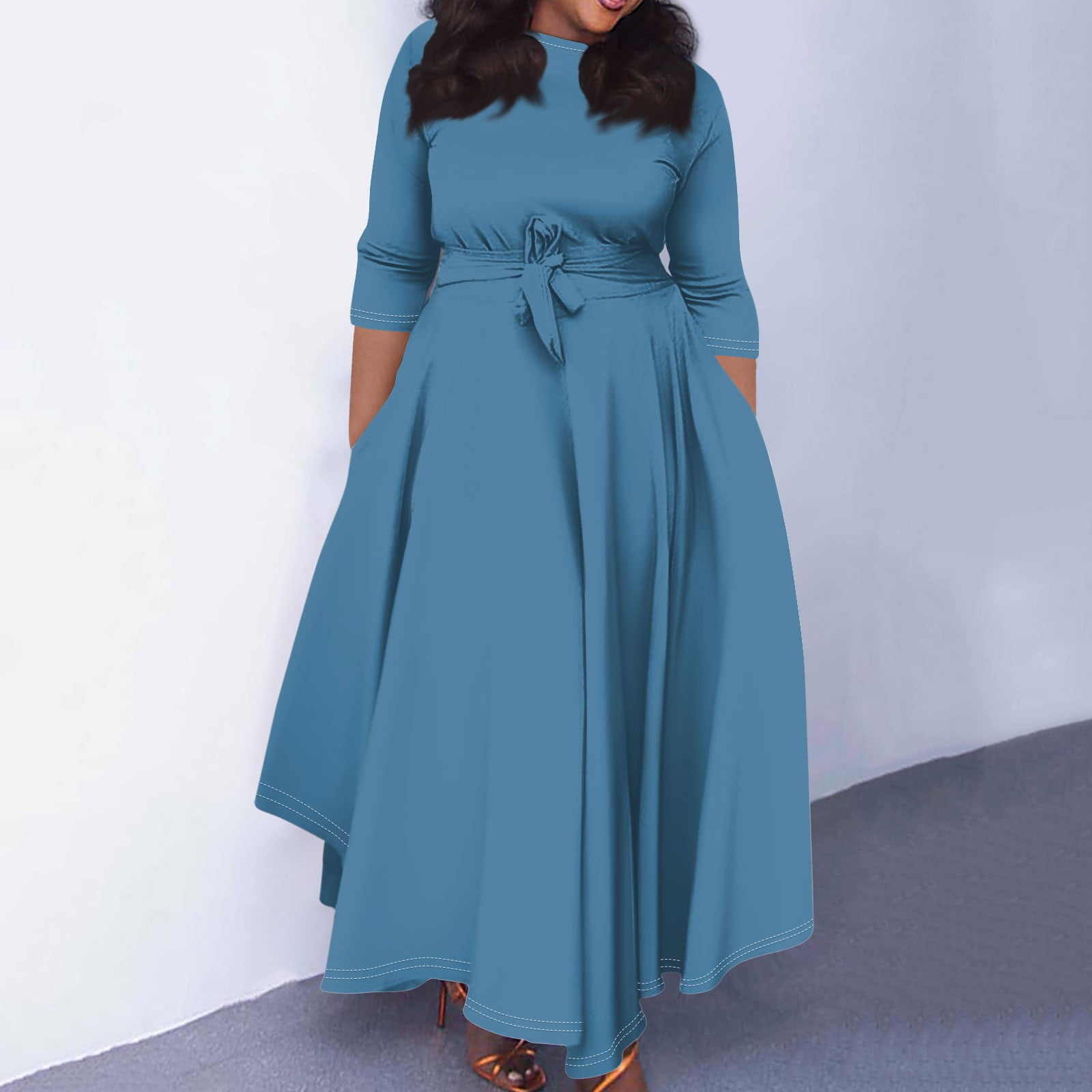 Green Multi Colored Printed Maxi Dress With Round Neck & 3/4 Sleeves