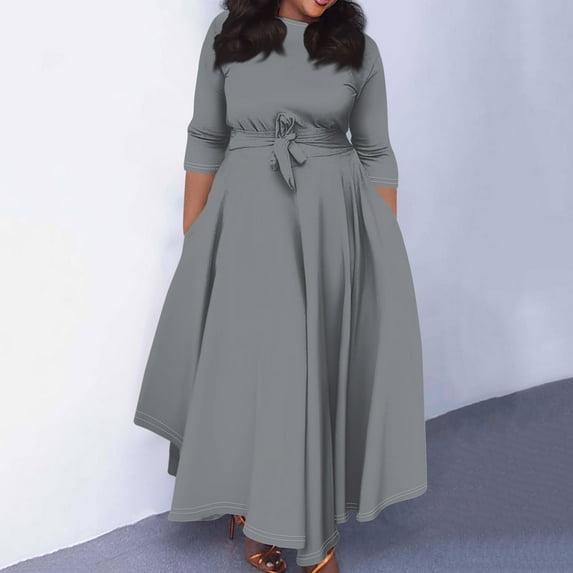 Nisorays Women's A Line Self Tie Waist Maxi Dress Round Neck 3/4 Sleeve High Waist Plus Size Swing Flare Long Dresses Gray 5XL