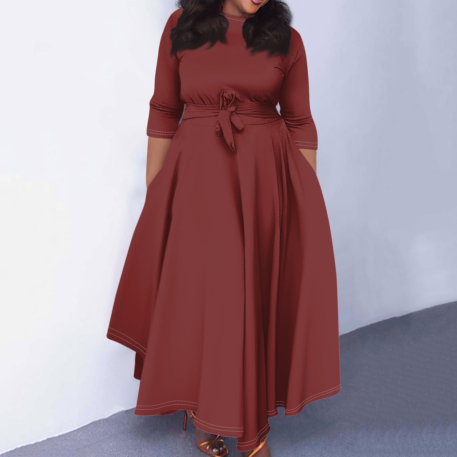 Nisorays Women's A Line Self Tie Waist Maxi Dress Round Neck 3/4 Sleeve  High Waist Plus Size Swing Flare Long Dresses Red 2XL - Walmart.com