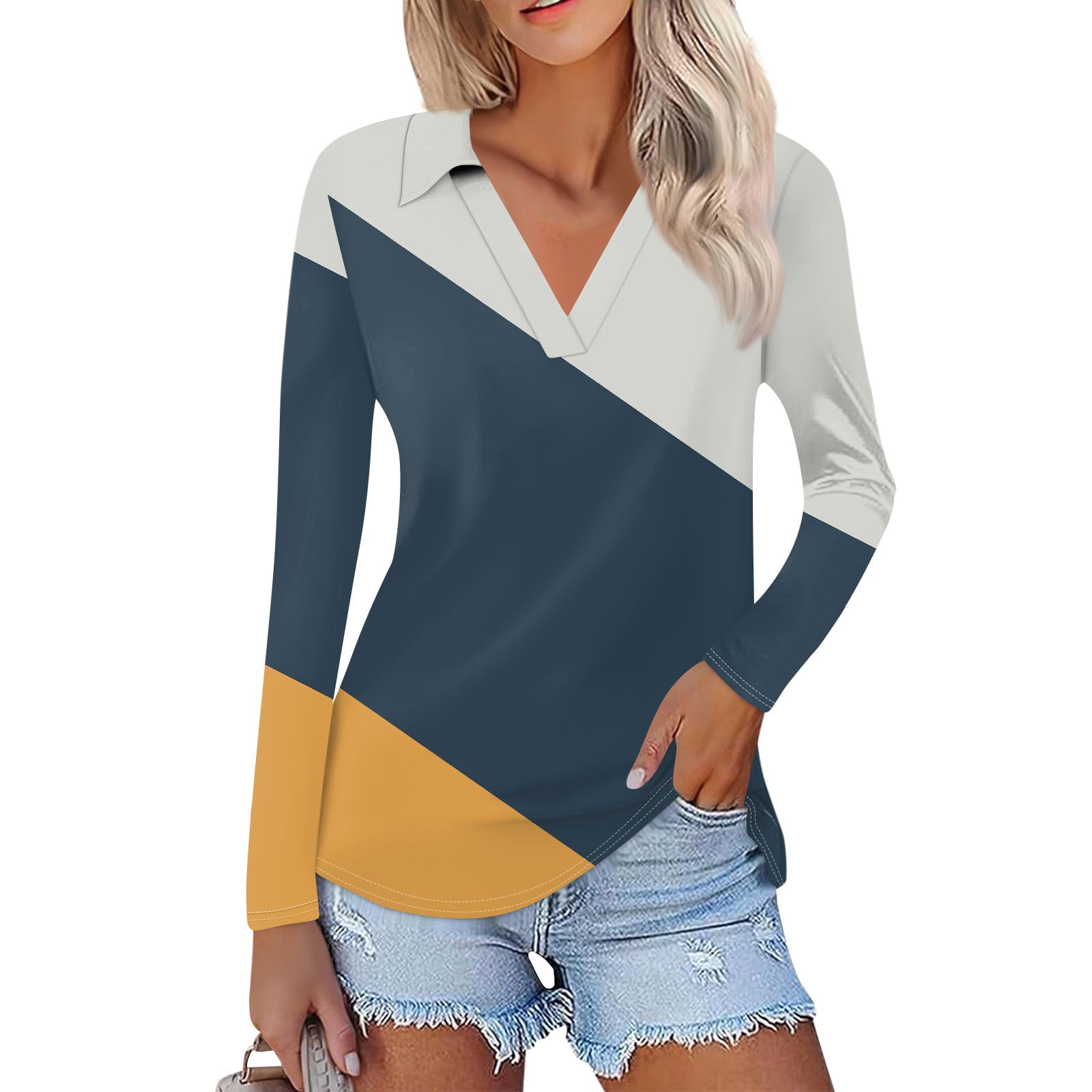 Nisorays Women's Long Sleeve Polo Shirts Casual Color Block V Neck Tops