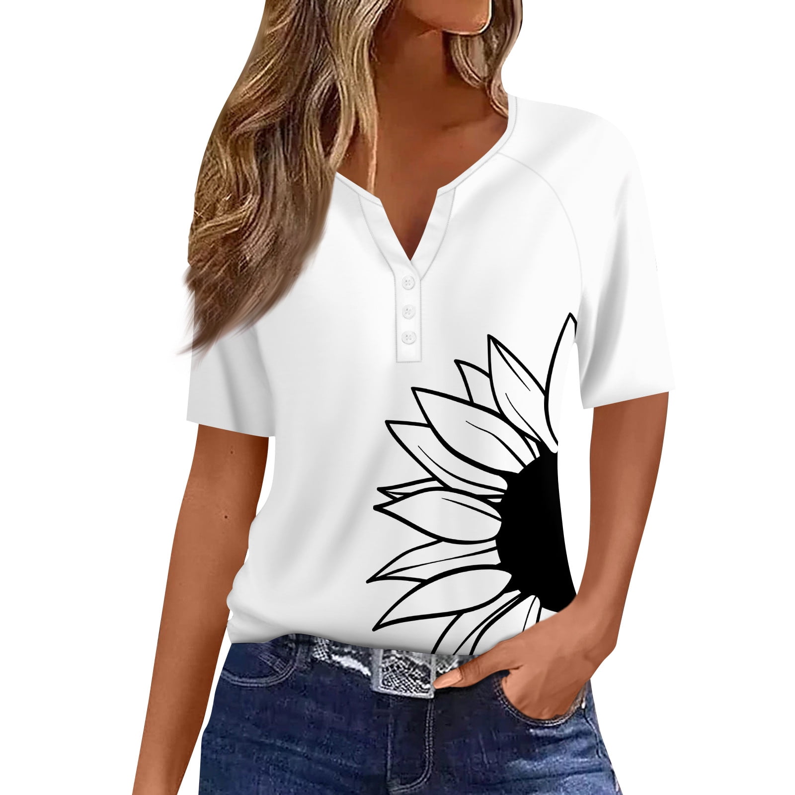 Nisorays Women's Tops Raglan Short Sleeve Shirts V Neck Button Down