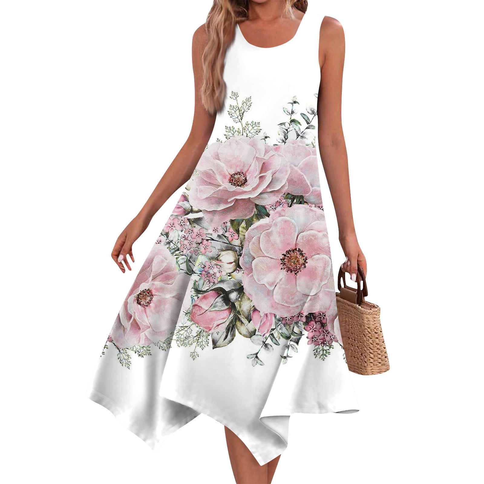 Nisorays Womens Summer Dresses Sleeveless Midi Dress A line Swing Dress Casual Floral Print Vintage Sundress Midi for Boho Beach 2024 Light pink XL Walmart