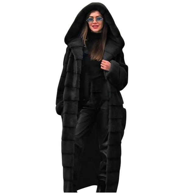 Nisorays Womens Thick Faux Fur Coat Solid Color Big Hooded Parka