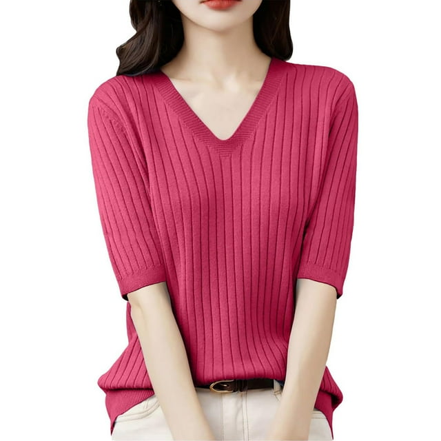 Nisorays Womens V Neck Sweater Short Sleeve Knit Casual Loose Fit Pullover Casual Blouses Hot Pink XL