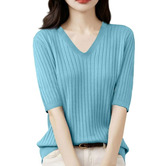 Nisorays Womens V Neck Sweater Short Sleeve Knit Casual Loose Fit Pullover Casual Blouses Light Blue 2XL