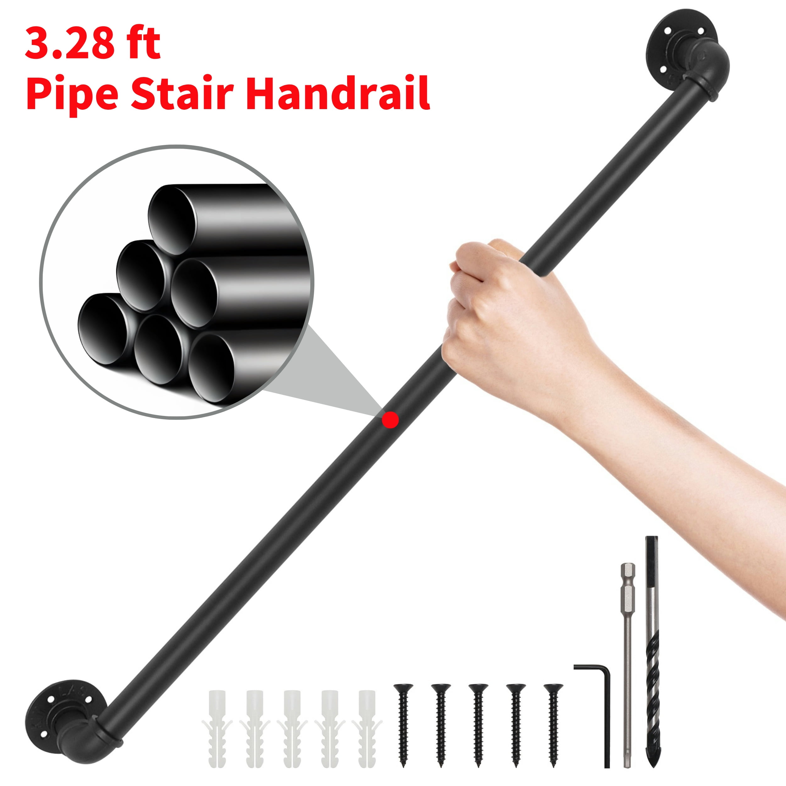 Qunbio Pipe Stair Handrail, 3.28' Staircase Handrail, Industrial Pipe Handrail with Wall Mount Support, Round Corner Wall Handrailings for Indoor & Outdoor, Black