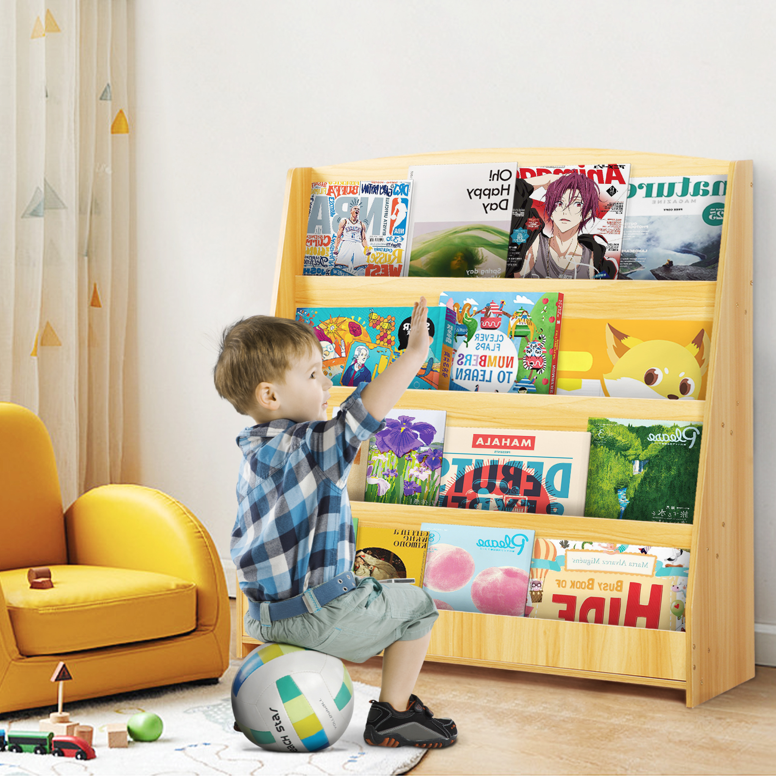 Nisorpa 4 Tier Kids Bookshelf, Wooden Book Display Rack for Playroom, Classroom