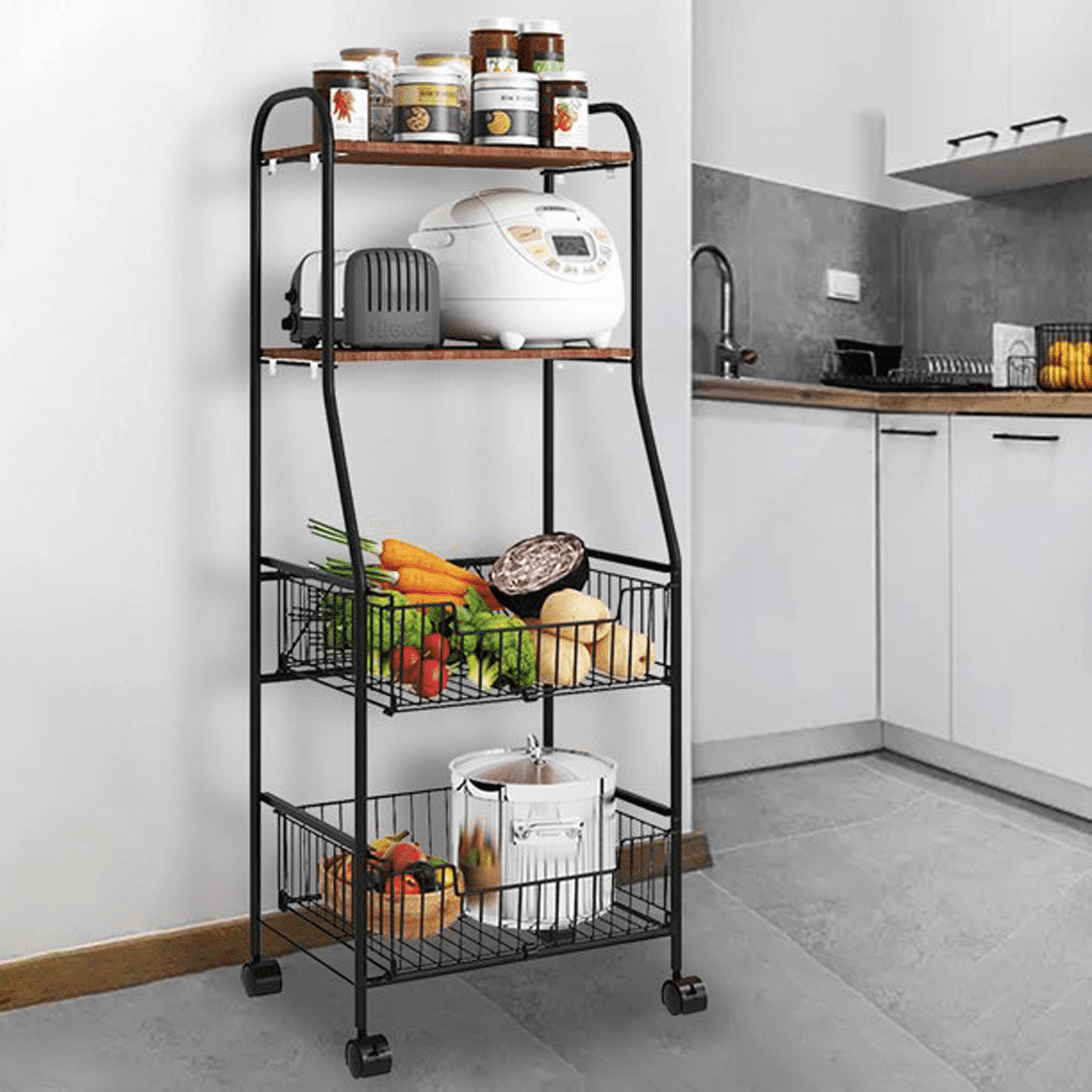 Nisorpa 4Tier Kitchen Standing Shelf with Rolling Baker Rack Storage