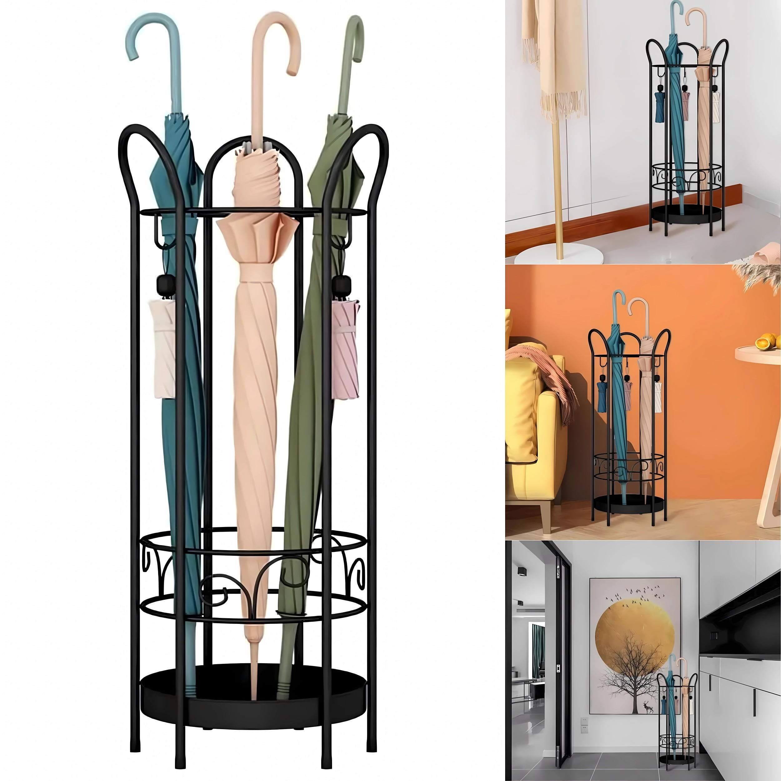 Qunbio Metal Umbrella Stand Rack Umbrella Holder with Tray and Hook Umbrella Storage Rack for Indoor Outdoor 9.8 W x 23.6 H Black