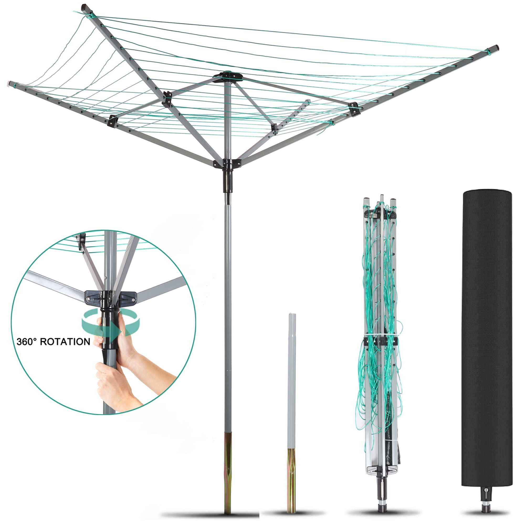 Qunbio Rotary Umbrella Clothesline Outdoor 70.9in Heavy Duty Retractable Clothes Drying Rack with 4 Arms 165ft