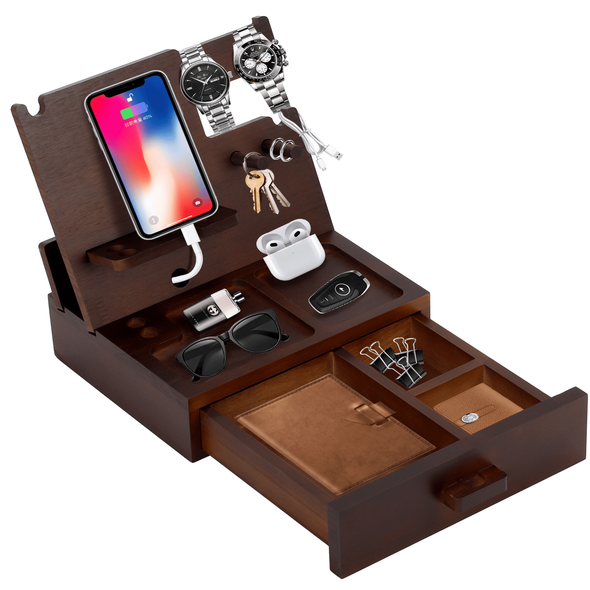 Nisorpa Wooden Phone Docking Station, Bedside Organizer Desk Charging Station with Drawer