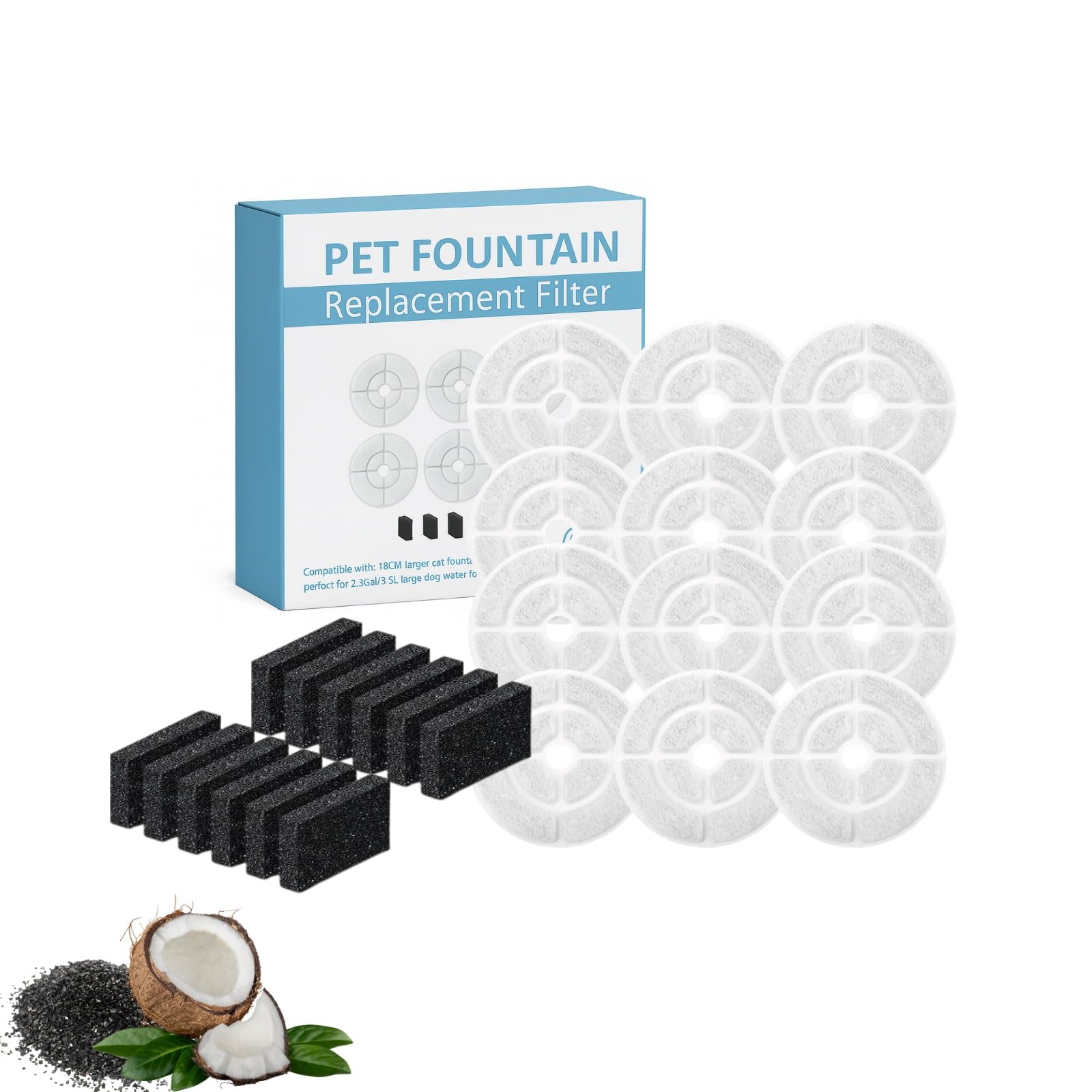 Nispira Cat Water Fountain Filter Replacements for Kastty Sibays 2.5Gal/9.5L Large18CM Dog Water Fountain Dispenser Wireless Pumps Black Sponge, 12 Packs