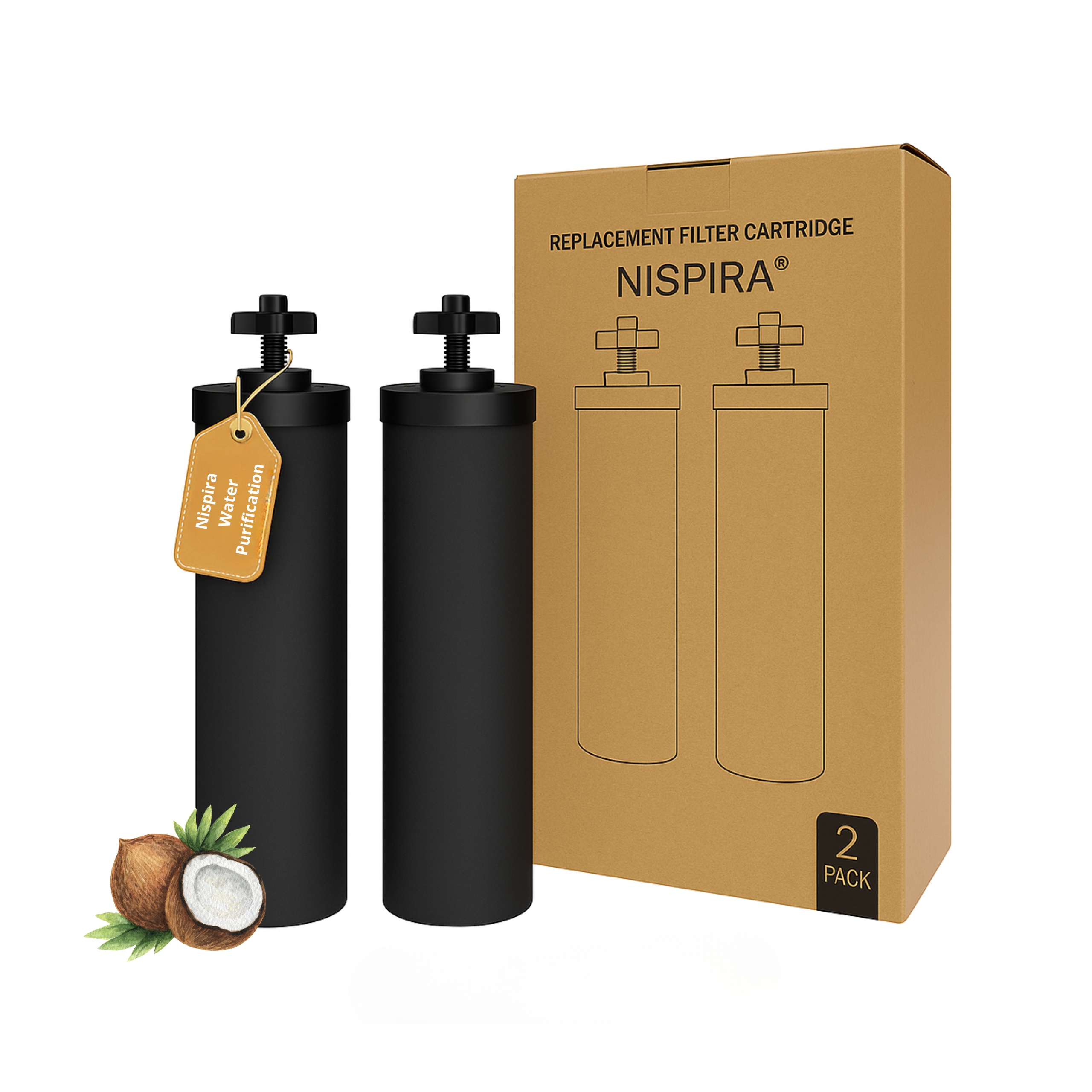 Nispira Cartucce Filtro Acqua Compatibili Berkey – 8 Pezzi, Carbone Attivo, Durata 6000 Litri, Sostitutive BB9, Dimensioni 24x6 Cm