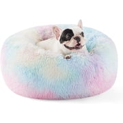 Nisrada 24 inch Calming Donut Dog/Cats Bed Medium Washable, Soft Warm Cozy Plush Round Fluffy Pet Bed, Rainbow