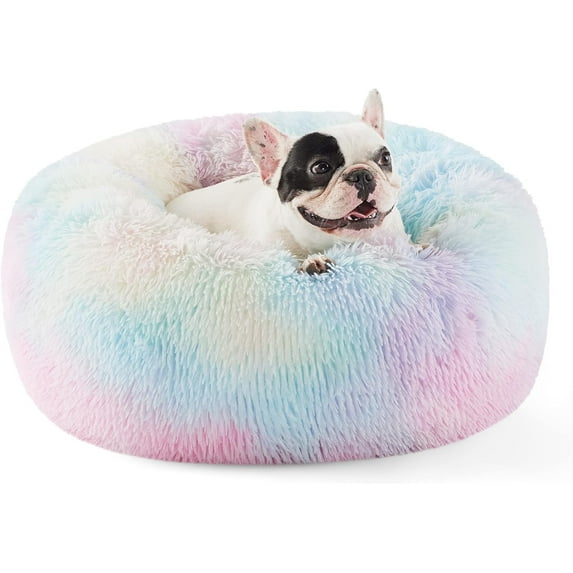 Nisrada 24 inch Calming Donut Dog/Cats Bed Medium Washable, Soft Warm Cozy Plush Round Fluffy Pet Bed, Rainbow