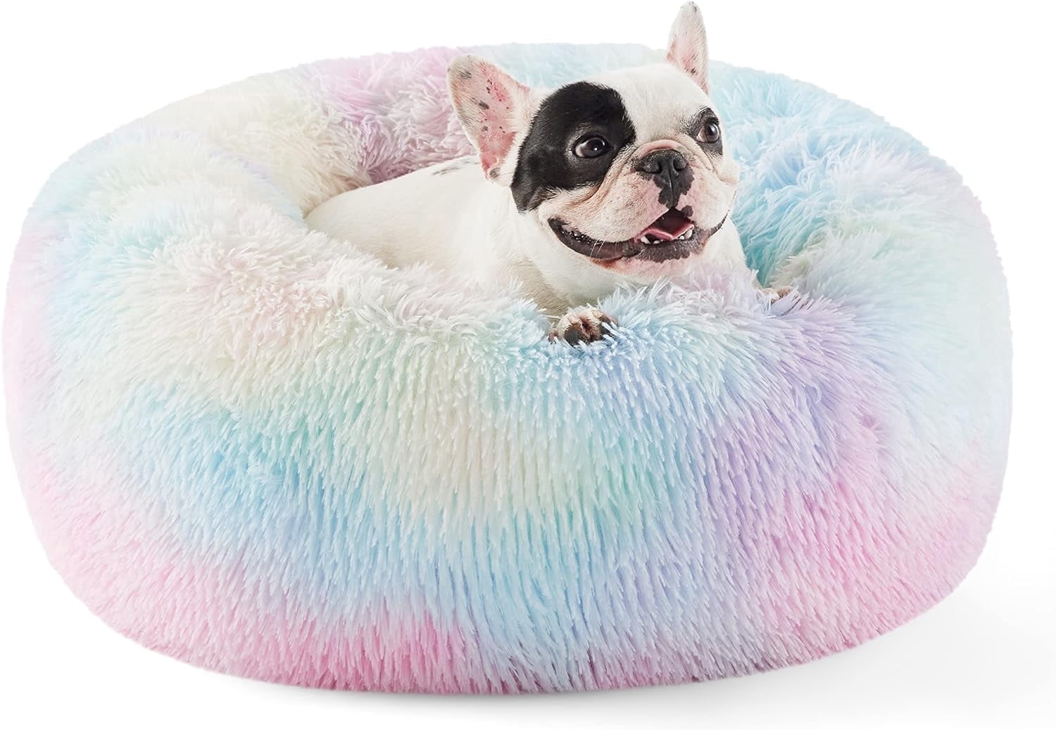 Nisrada 24 inch Calming Donut Dog/Cats Bed Medium Washable, Soft Warm Cozy Plush Round Fluffy Pet Bed, Rainbow
