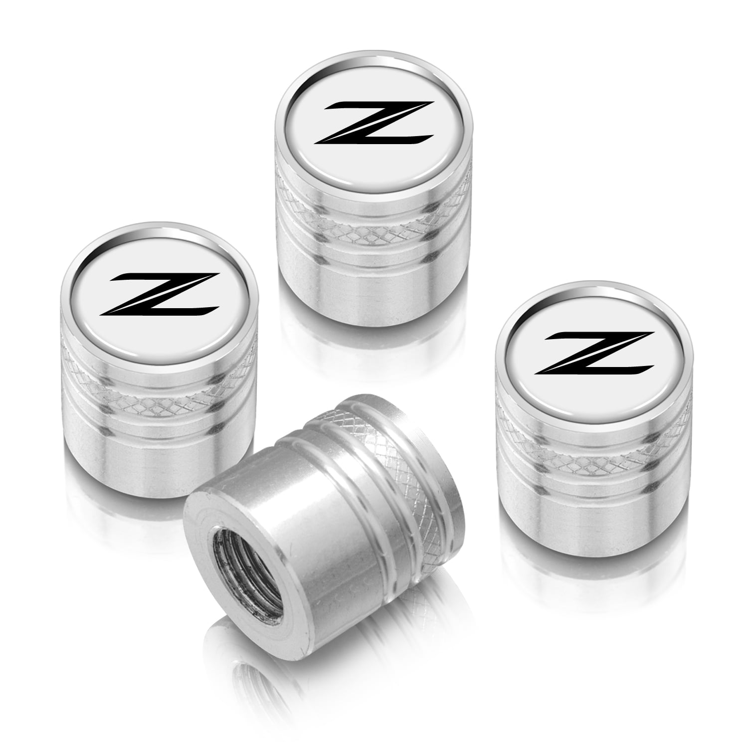 Nissan 370Z Z Logo White on Silver Aluminum Cylinder-Style Tire Valve Stem Caps