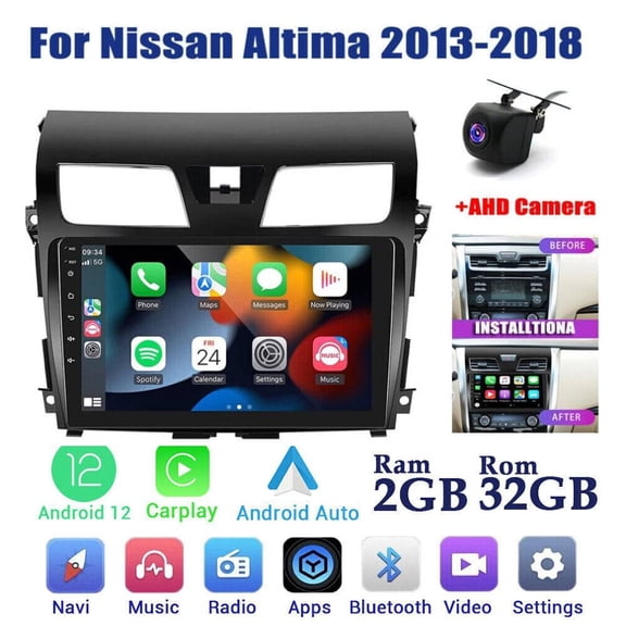 For Nissan Altima 2013-2018 10.1" Android 13 Carplay Android Auto Navigation Bluetooth Radio Video Mirror Link Steering Wheel Control Camera 2G+32G,Black