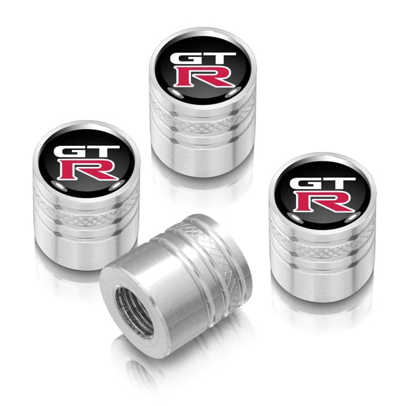Nissan GT-R Black on Silver Cylinder-Style Premium Anodized Aluminum Tire Valve Stem Caps - Set of 4