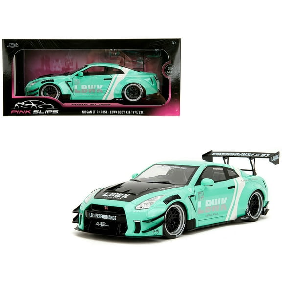 Nissan GT-R (R35) Liberty Walk Body Kit 2.0 RHD Light Blue with Black Hood and White 1/18 Diecast Model Car by Jada