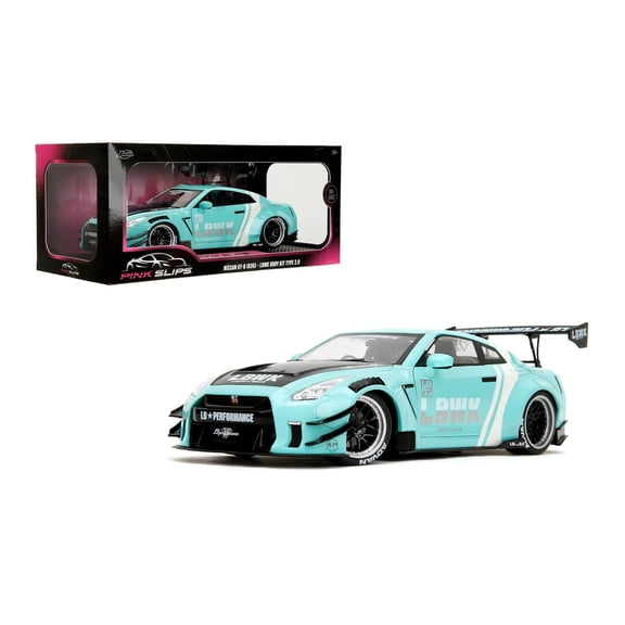 Nissan GT-R (R35) Liberty Walk Body Kit 2.0 RHD Light Blue with Black Hood and White 1/18 Diecast Model Car by Jada