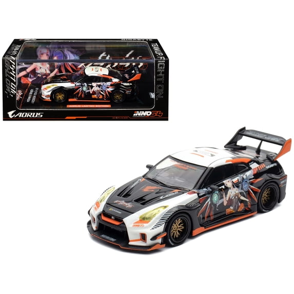 Nissan GT-R (R35) Widebody RHD (Right Hand Drive) Black and White with Graphics "AORUS X INNO64 Limited Edition" 1/64 Diecast Model Car by Inno Models