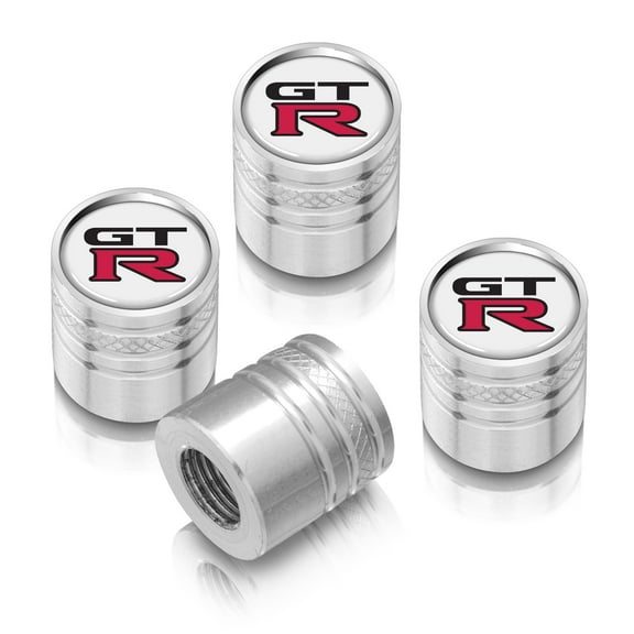 Nissan GT-R White on Silver Cylinder-Style Premium Anodized Aluminum Tire Valve Stem Caps - Set of 4