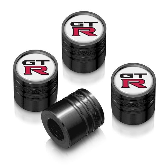 Nissan GT-R in White on Black Aluminum Cylinder-Style Tire Valve Stem Caps