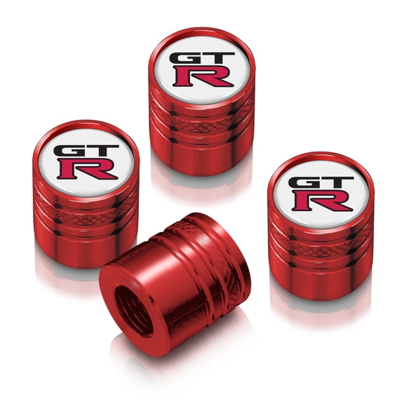 Nissan GT-R in White on Red Cylinder-Style Premium Anodized Aluminum Tire Valve Stem Caps - Set of 4