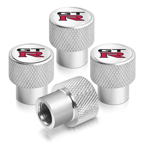 Nissan GT-R in White on Shining Silver Aluminum Tire Valve Stem Caps