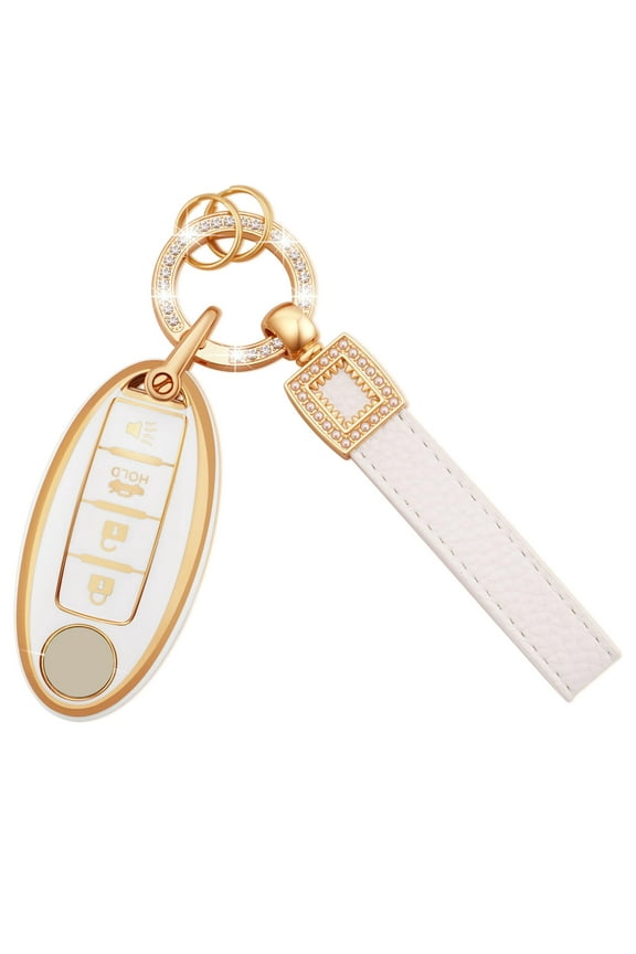 for Nissan Key Fob Cover Soft TPU Key Shells with Leather Keychain Lanyard Fit for Nissan Altima Armada Maxima Sentra Rogue Pathfinder 4 Buttons Key Fob Case Black Gold