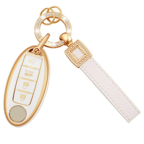for Nissan Key Fob Cover Soft TPU Key Shells with Leather Keychain Lanyard Fit for Nissan Altima Armada Maxima Sentra Rogue Pathfinder 4 Buttons Key Fob Case Black Gold