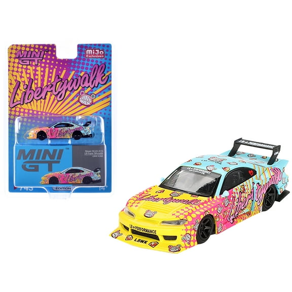 Nissan "LB-Super Silhouette" S15 SILVIA RHD (Right Hand Drive) Yellow and Blue with Pink Graphics "LBWK KUMA" Limited Edition 1/64 Diecast Model Car by Mini GT
