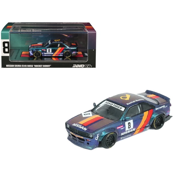 Nissan Silvia (S14) Boss RHD (Right Hand Drive) #8 "Rocket Bunny" Magic Purple w/Stripes 1/64 Diecast Model Car by Inno Models