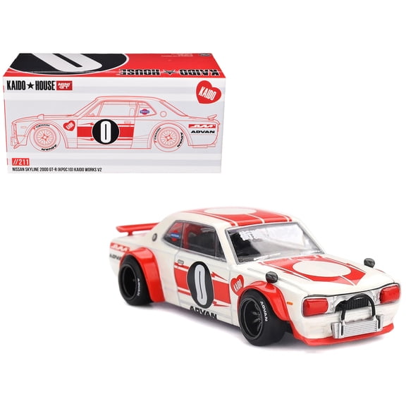 Nissan Skyline 2000GT-R (KPGC10) "Kaido Works V2" RHD (Right Hand Drive) White with Red Stripes (Designed by Jun Imai) "Kaido House" Special 1/64 Diecast Model Car by Mini GT