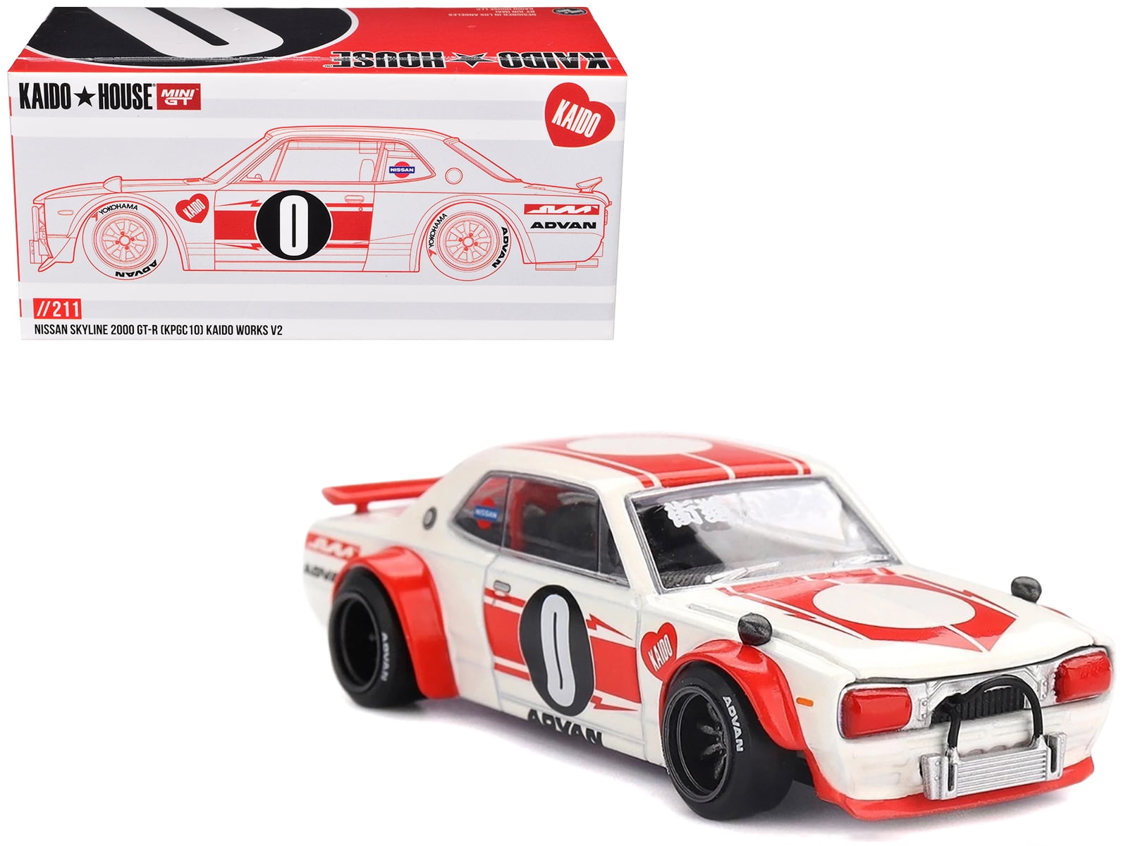 Nissan Skyline 2000GT-R (KPGC10) "Kaido Works V2" RHD White with Red "Kaido House" Special 1/64 Diecast Model Car by Mini GT