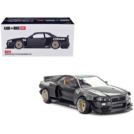Nissan Skyline GT-R (R34) RHD #94 "Kaido Works GReddy V2" Carbon Fiber and Dark Gray Metallic 1/64 Diecast Model Car by Mini GT